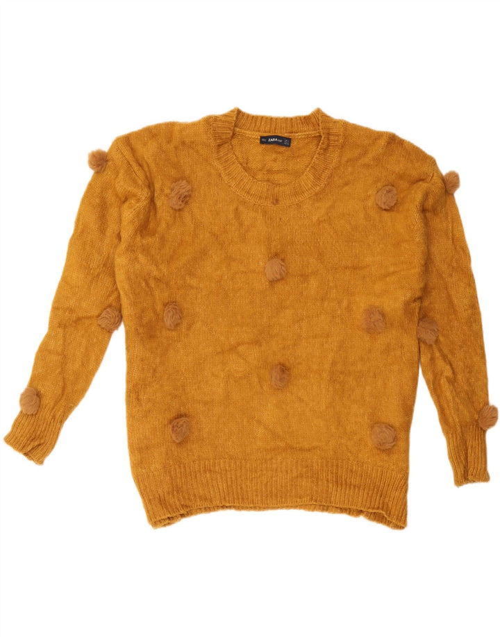 Zara Dame Oversized Crew Neck Jumper Sweater UK 14 Large Yellow Spotted