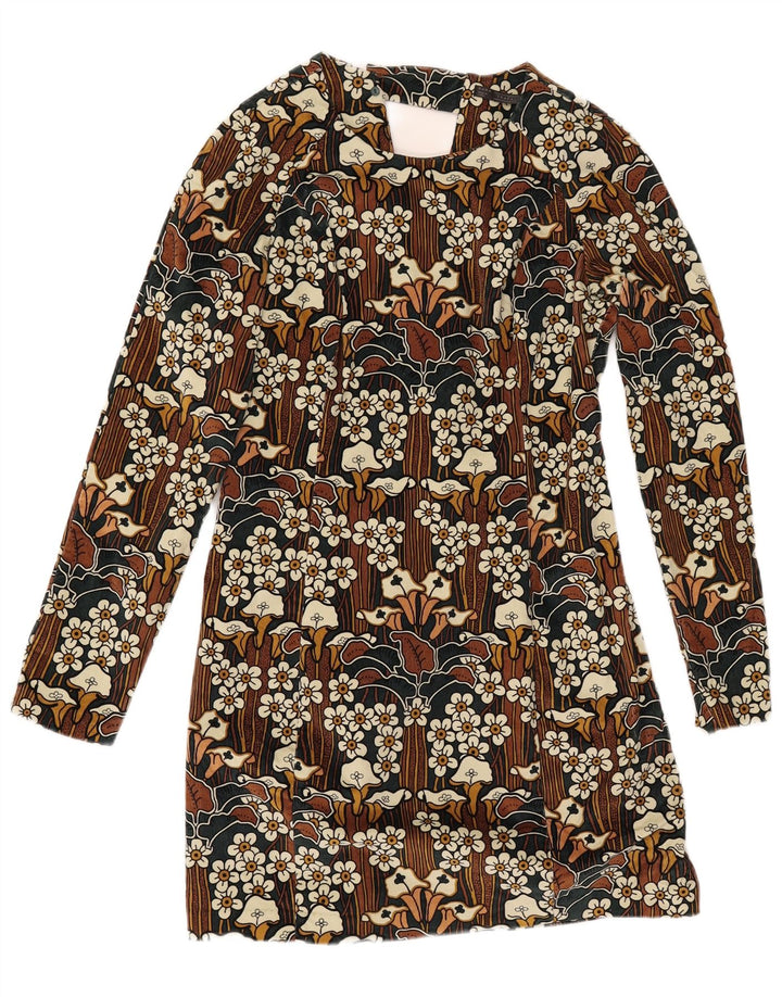 ZARA Dame Trafaluc Langærmet Skede Kjole UK 14 Large Brown Floral