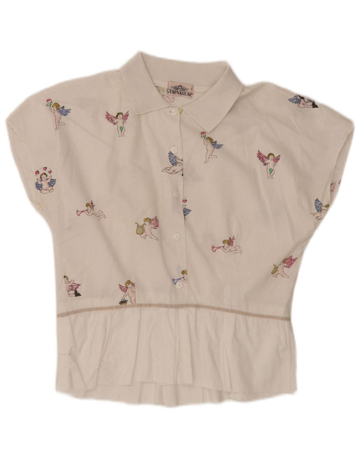 GYMNASIUM Dame Grafisk Bluse Top UK 14 Stor Off White Bomuld