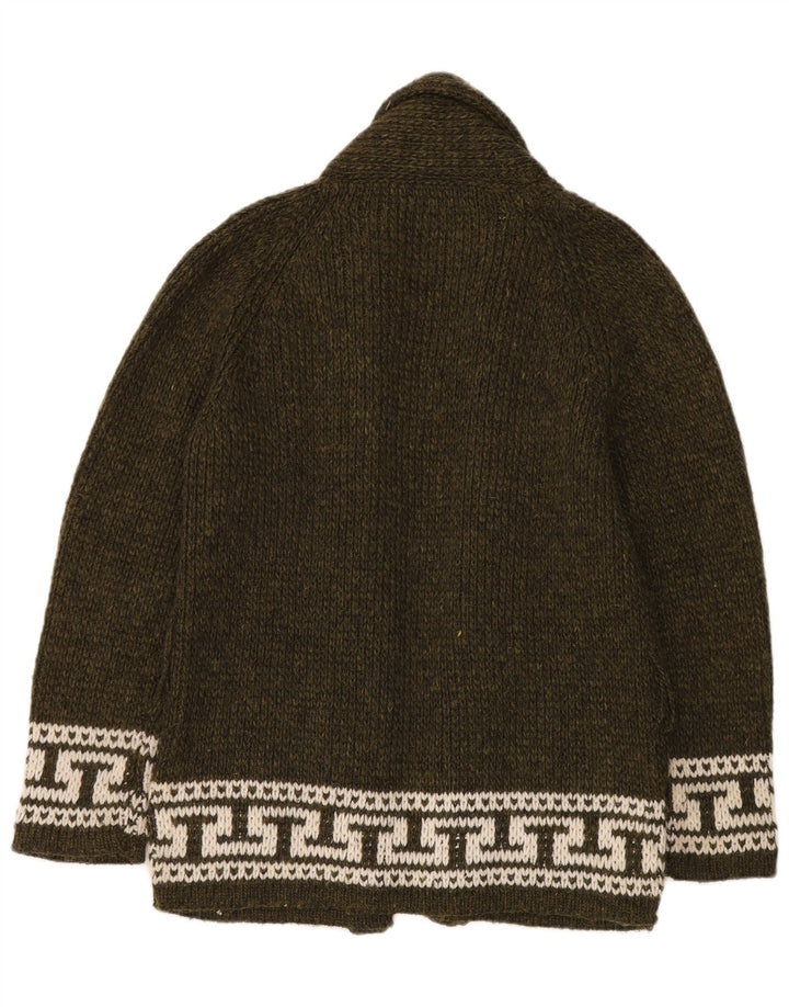 Vintage Dame Open Cardigan Sweater UK 14 Medium Khaki Geometrisk Uld