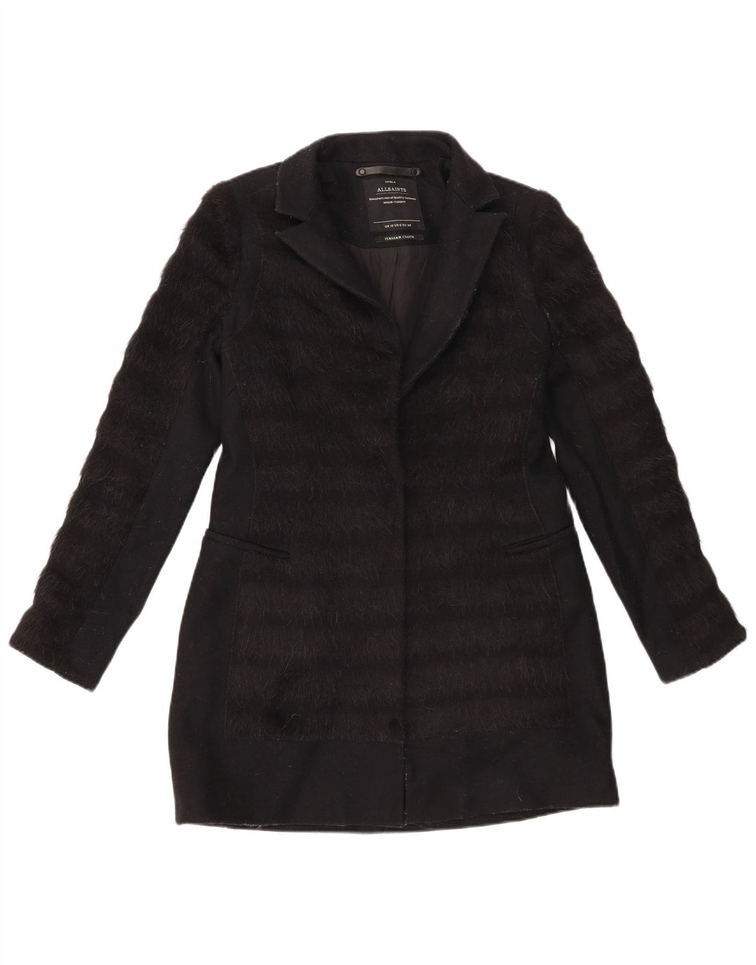 All Saints Dame Overfrakke UK 10 Lille Sort Stribet Virgin Wool