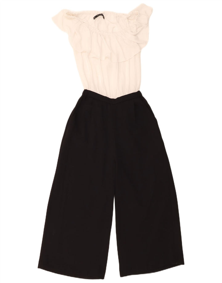ZARA Womens Ruffle Front Jumpsuit UK 6 XS  Black Colourblock Polyester