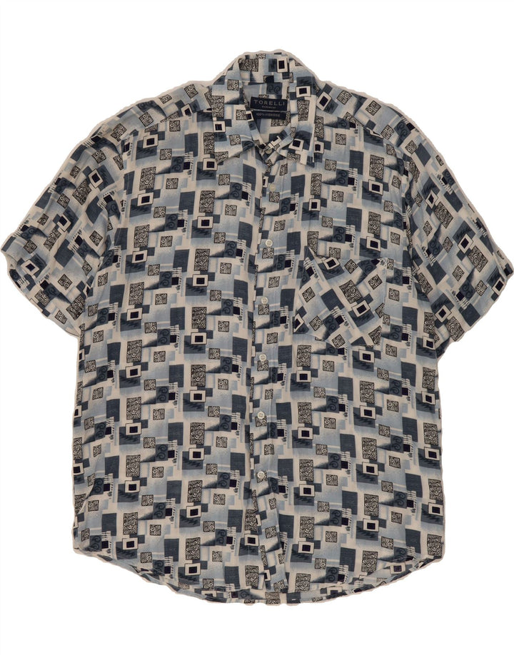 TORELLI Mens Short Sleeve Shirt Size 41/42 Large Blue Geometric Viscose Vintage Torelli and Second-Hand Torelli from Messina Hembry 