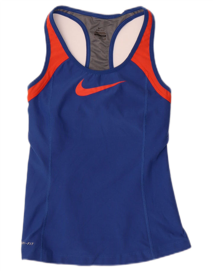 NIKE Dri Fit grafisk vest top UK 8 lille marineblå farveblok