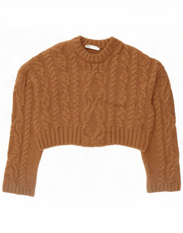 Zara Womens Crop Oversized Boat Neck Jumper Sweater UK 14 Medium Brun