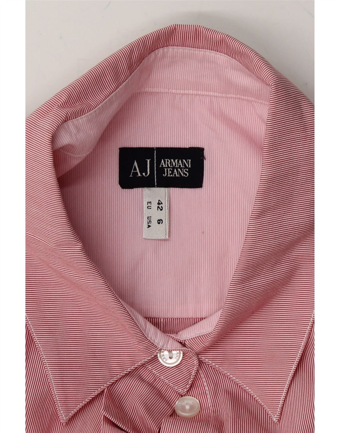 ARMANI JEANS Womens Ruffle Front Shirt US 6 Medium Pink Pinstripe Cotton Vintage Armani Jeans and Second-Hand Armani Jeans from Messina Hembry 