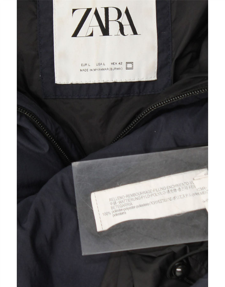 Zara Herre hættepolstret jakke UK 40 Large Navy Blue Polyester