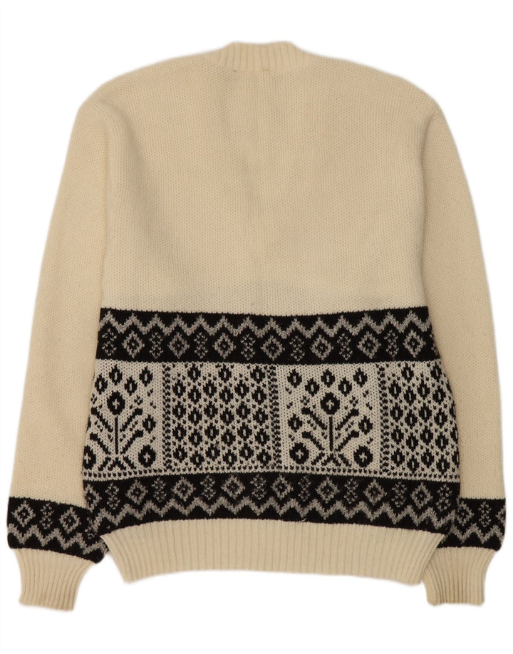 Vintage Herre V-hals sweater Medium Hvid Geometrisk