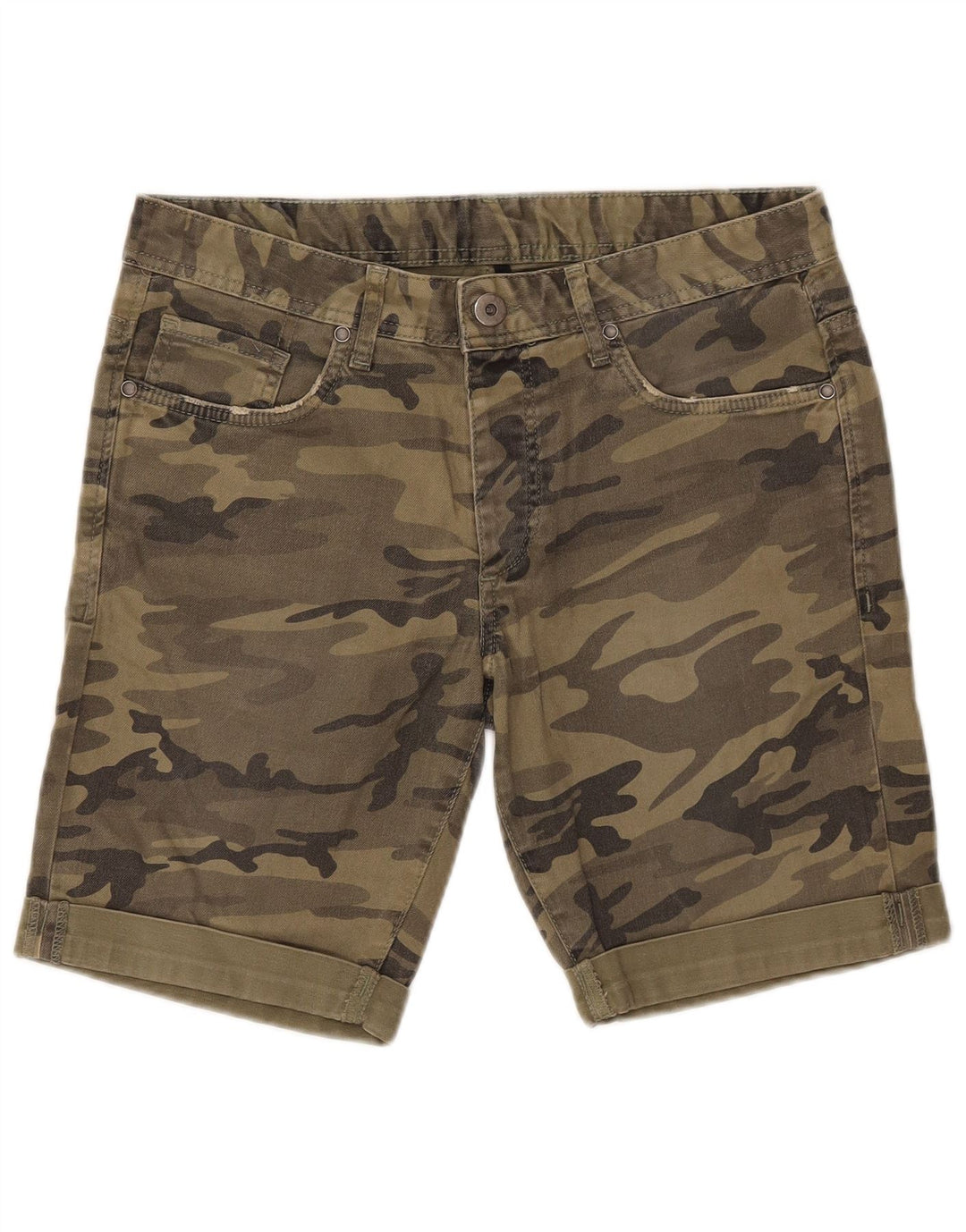 Benetton Dame Casual Shorts IT 46 Large W32 Khaki Camouflage Bomuld