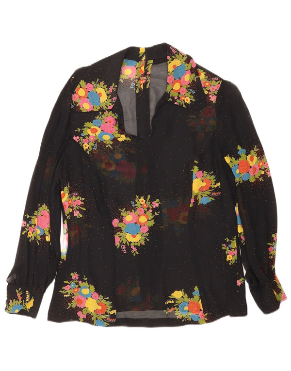 Vintage Dame se Gennem Langærmet Bluse Top UK 14 Medium Black Floral