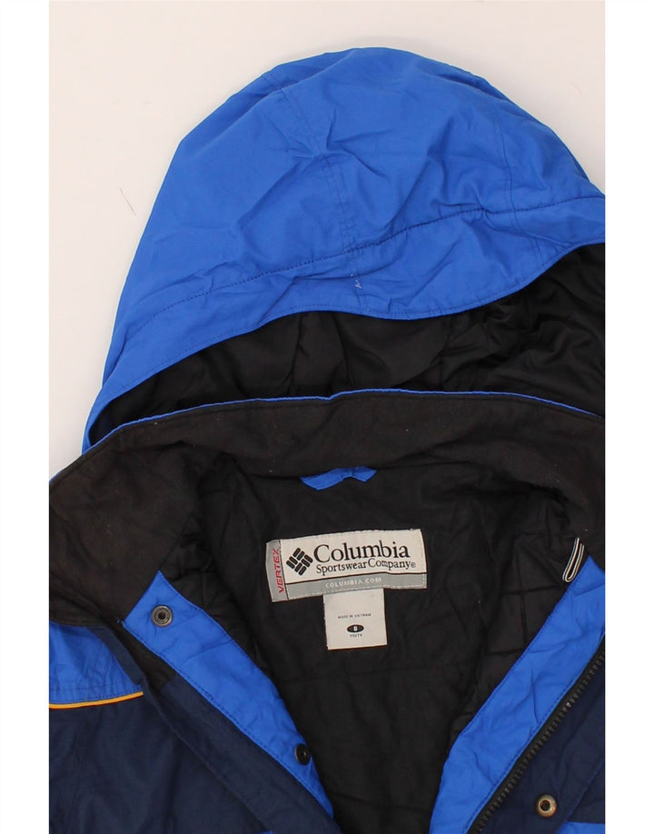 COLUMBIA Boys Hooded Windbreaker Jacket 7-8 Years Blue Colourblock Vintage Columbia and Second-Hand Columbia from Messina Hembry 