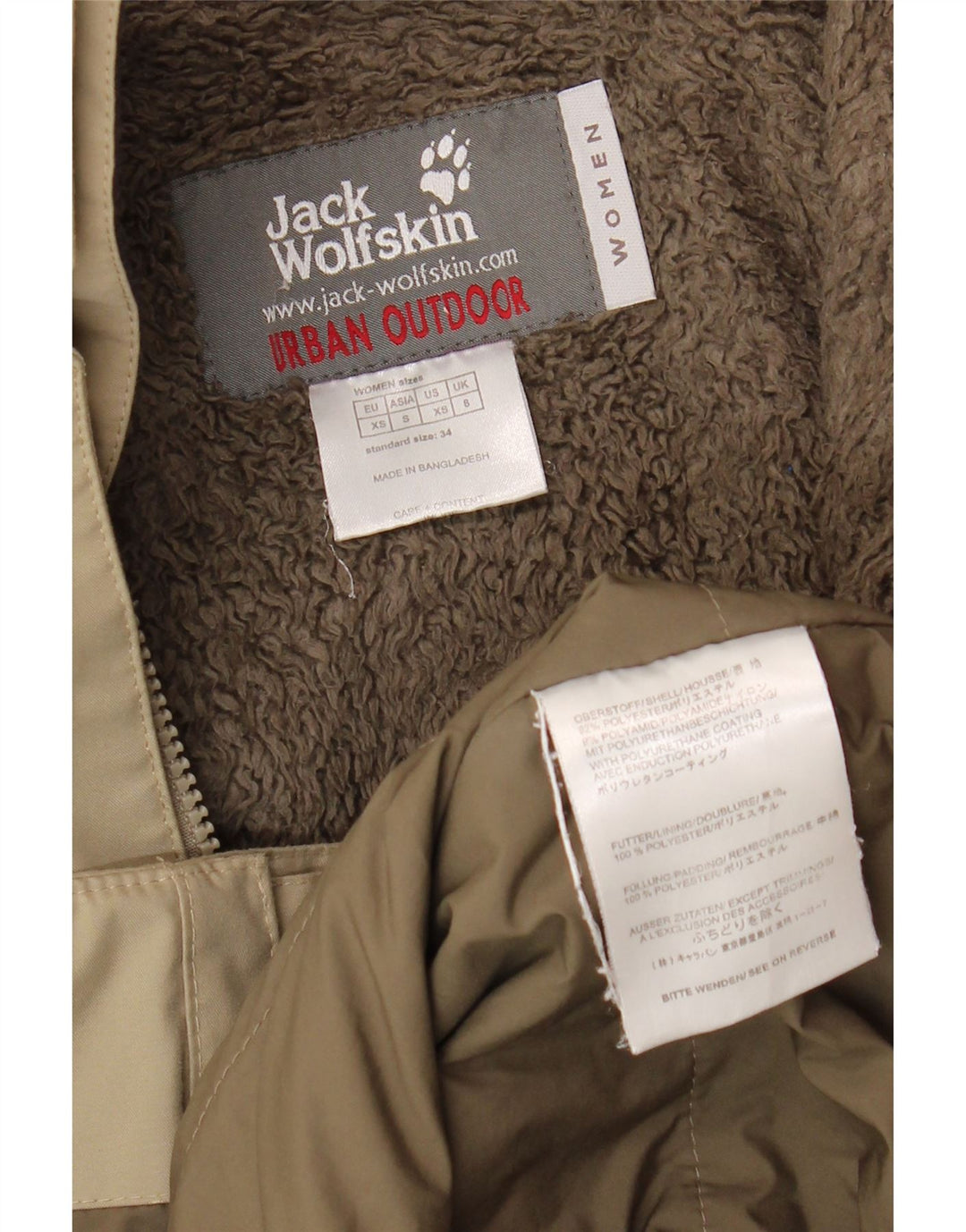 Jack Wolfskin Dame Hooded Parka Jacket UK 8 Small Khaki Polyester
