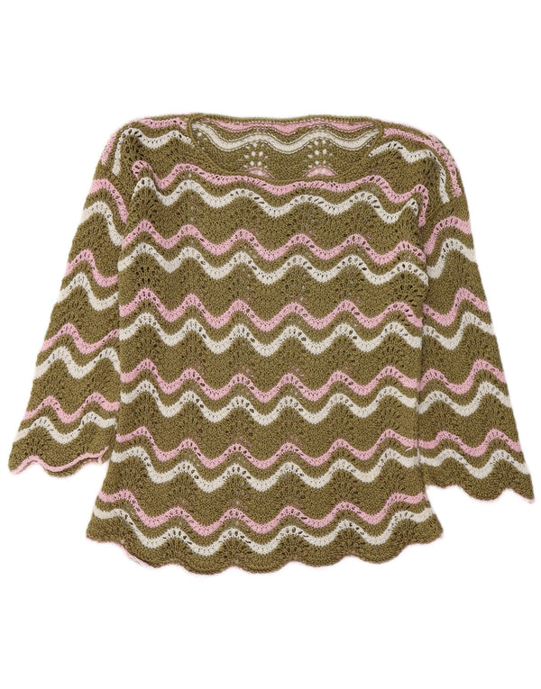 Vintage kvinders hæklet bådhals sweater UK 14 Medium Khaki Chevron