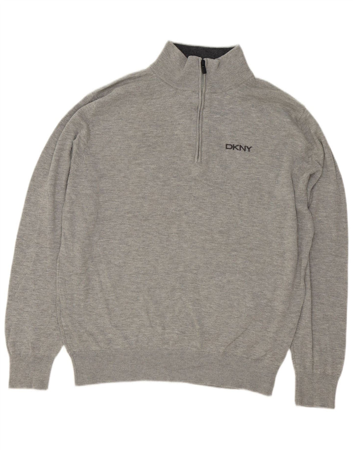 Dkny Herre Zip Neck Jumper Sweater Stor Grå Flecked Bomuld