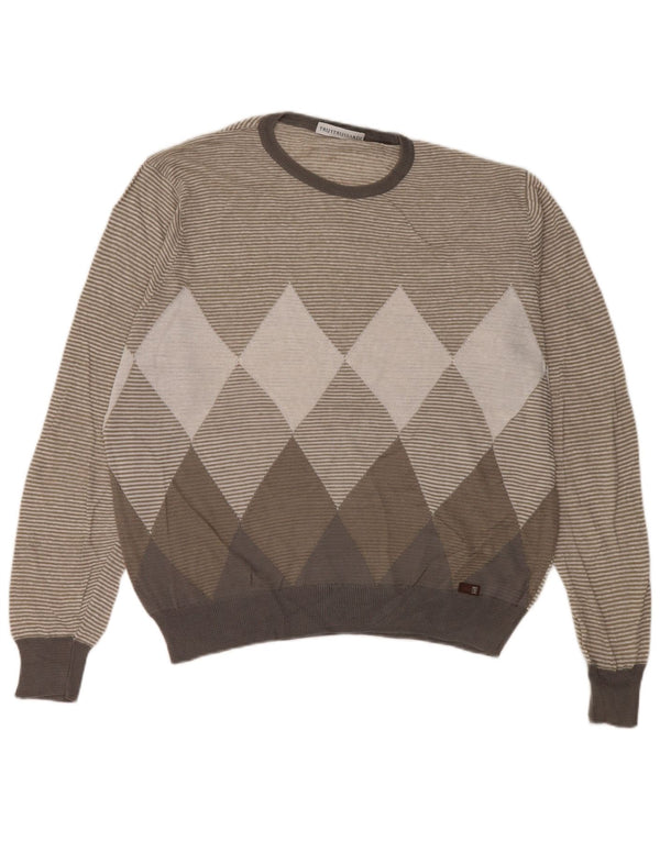 Trussardi Herre Crew Neck Jumper Sweater Large Grey Argyle/Diamond