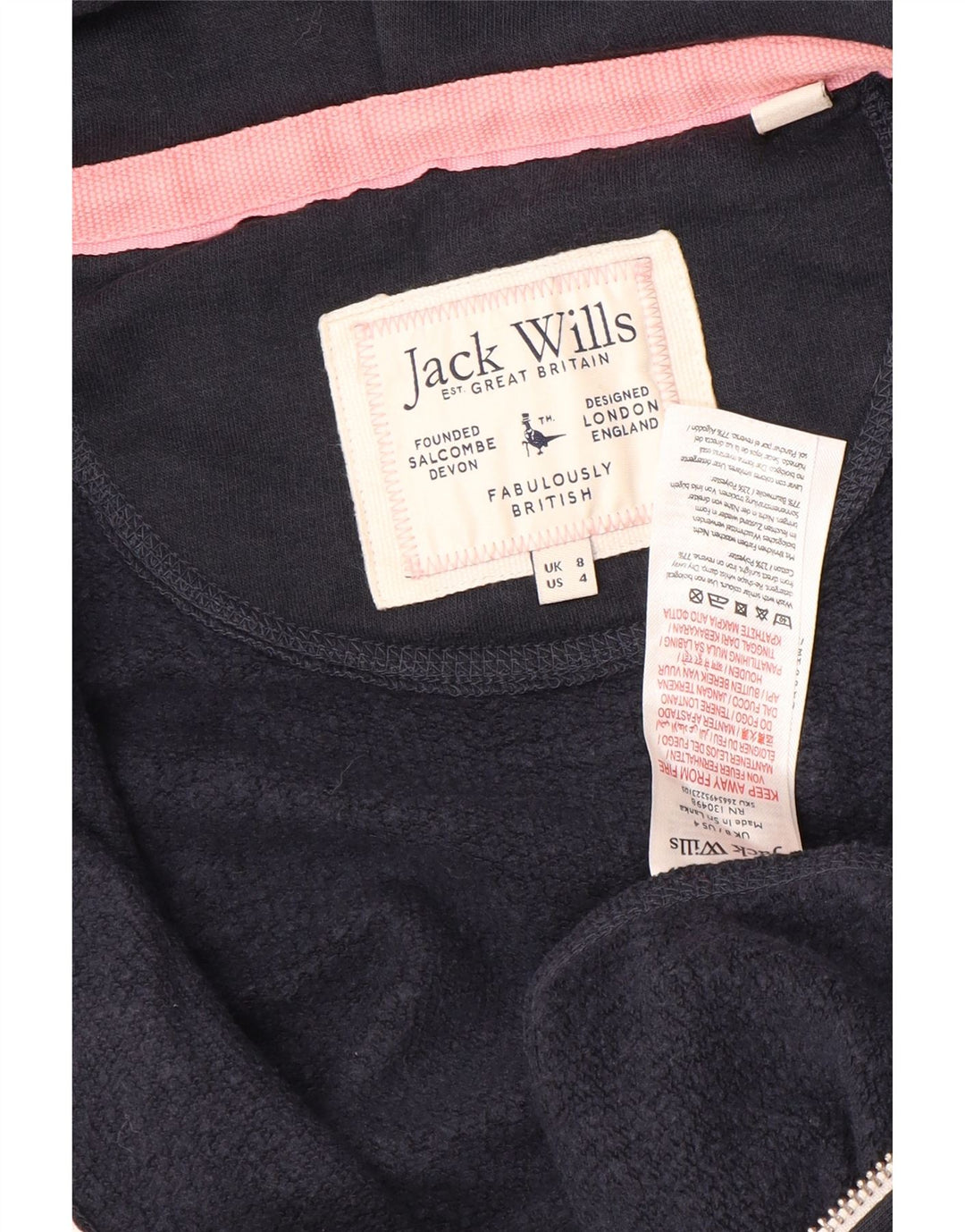 JACK WILLS Grafisk hættetrøje med lynlås til kvinder UK 8 Lille marineblå bomuld