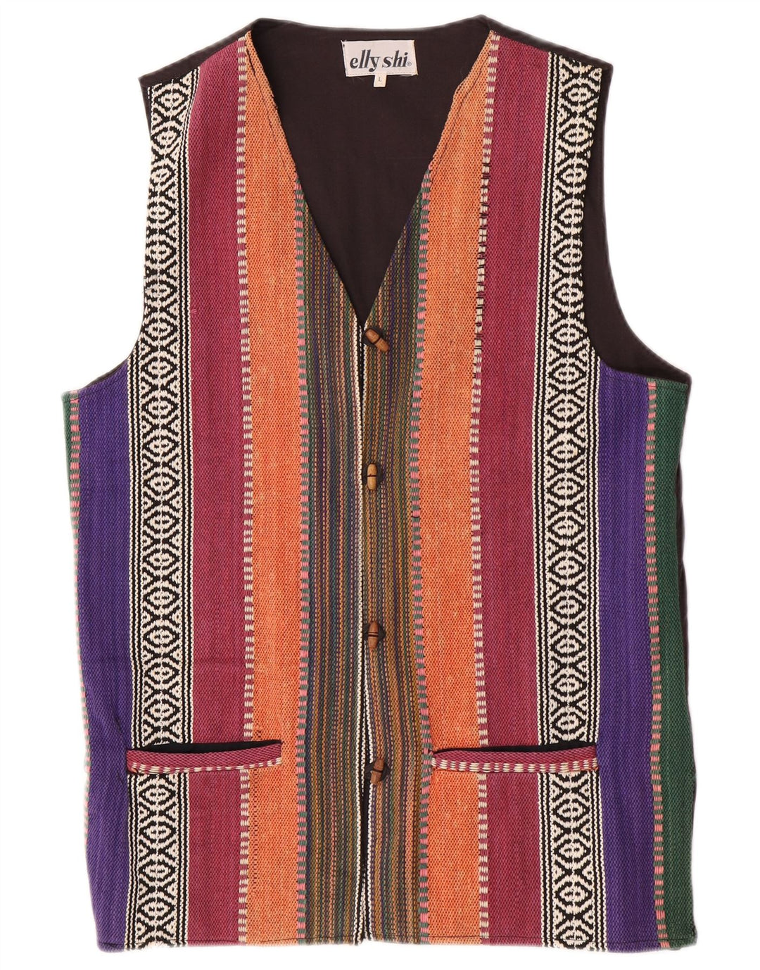 Vintage Dame Gilet UK 16 Stor flerfarvet stribet bomuld