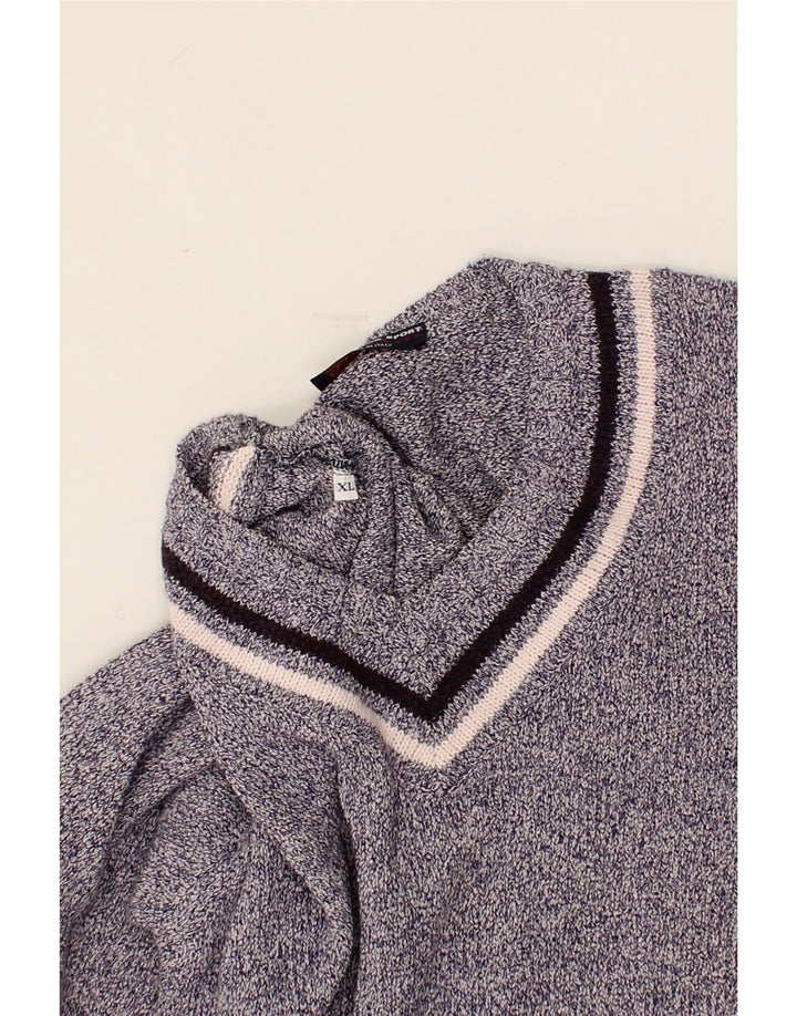 MALAGRIDA Mens V-Neck Jumper Sweater XL Blue Flecked Vintage Malagrida and Second-Hand Malagrida from Messina Hembry 