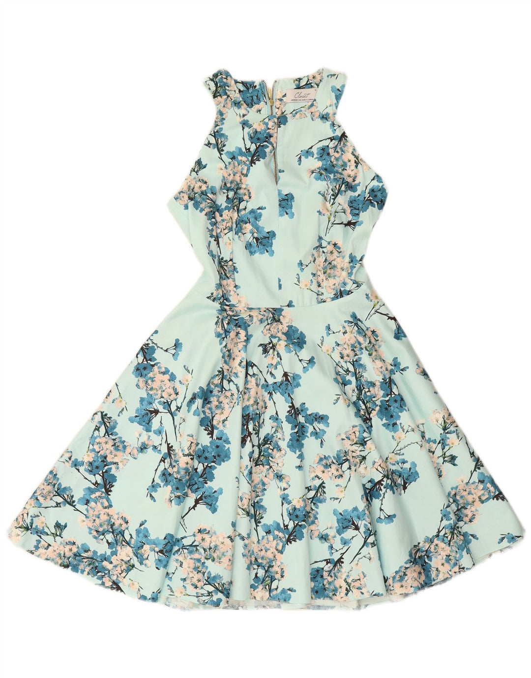 SKAB Kvinders ærmeløs Halter Dress UK 10 Small Blue Floral Cotton