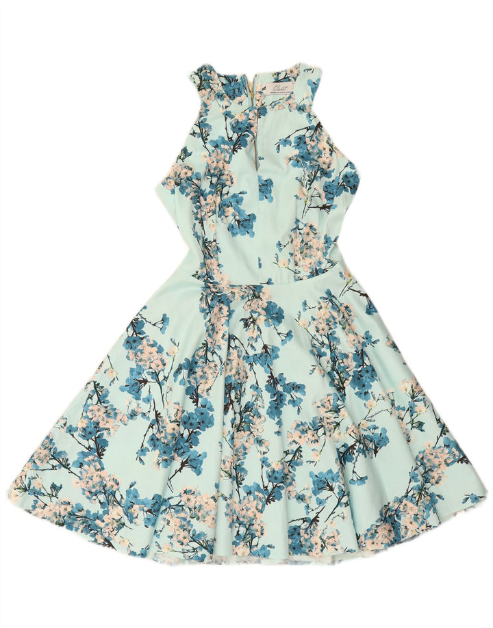 SKAB Kvinders ærmeløs Halter Dress UK 10 Small Blue Floral Cotton