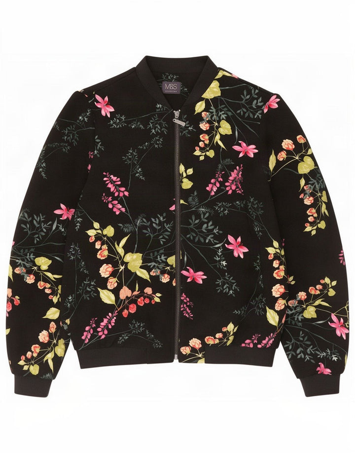 Marks & Spencer Kvinder Oversized Bomber Jacket UK 10 Small Black Floral