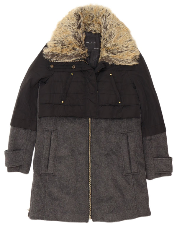 Zara Dame Oversized Overfrakke UK 6 XS Sort Colourblock