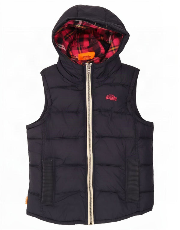 Superdry Dame Hooded Polstret Gilet UK 14 Medium Navy Blue Nylon