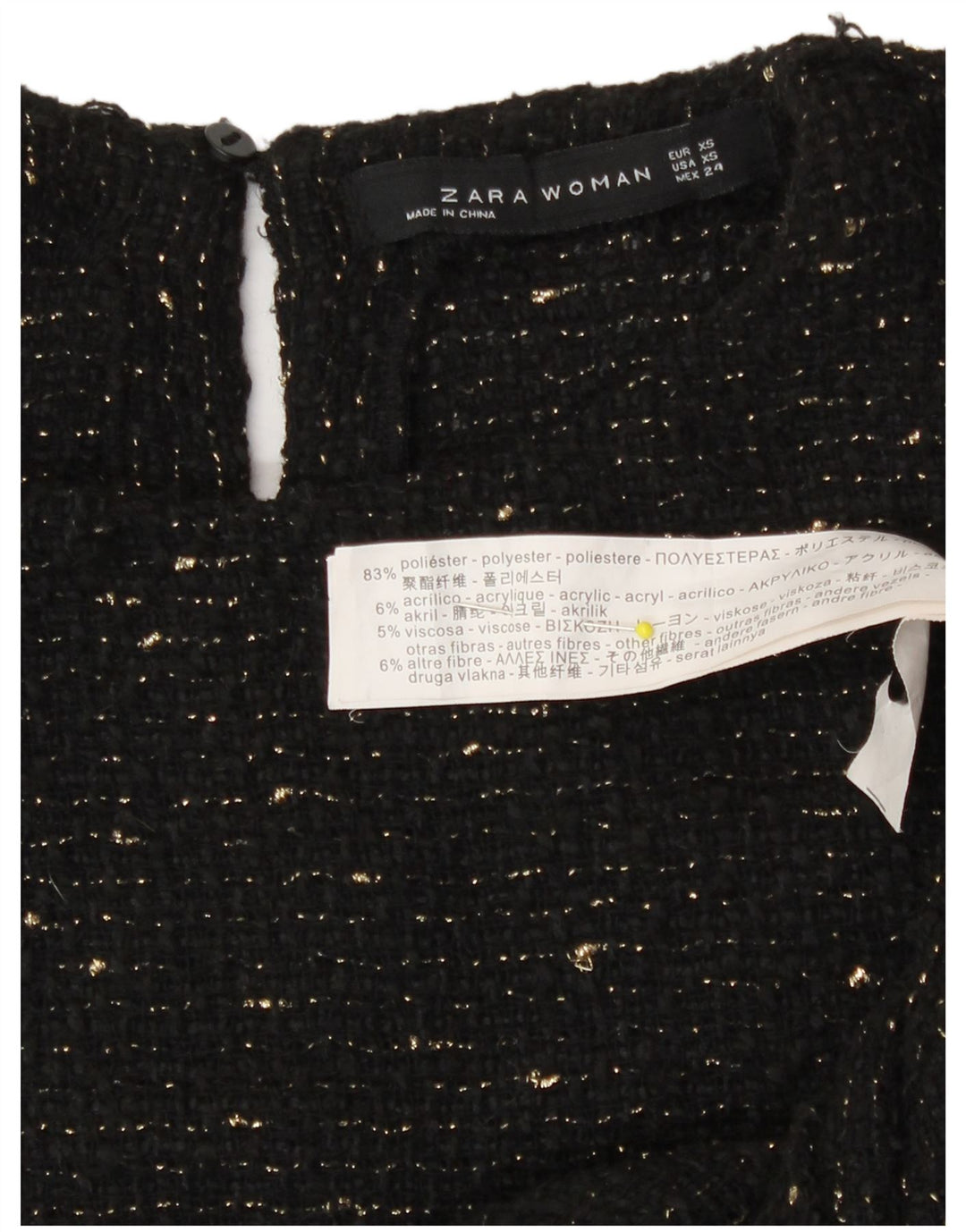 Zara Dame Oversized Top 3/4 ærme UK 6 XS Sort Flecked Polyester