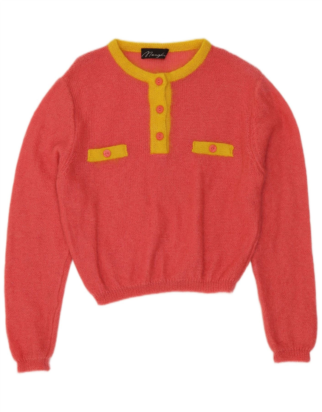 VINTAGE Dame Button Neck sweater IT 44 Medium Pink Colourblock