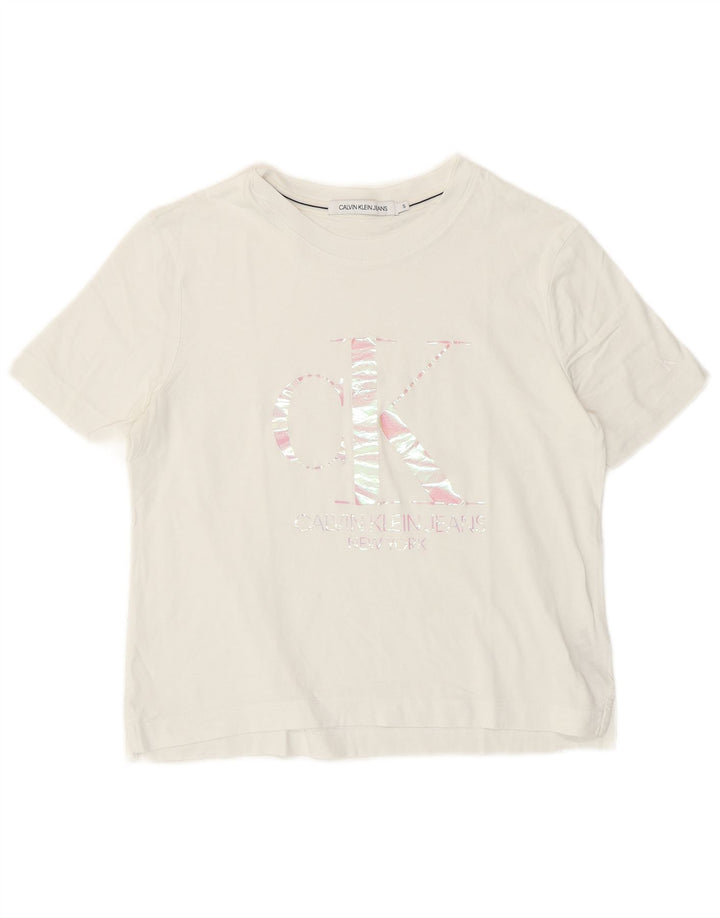 Calvin Klein Dame Crop Grafisk T-Shirt Top UK 8 Small Off White Logo
