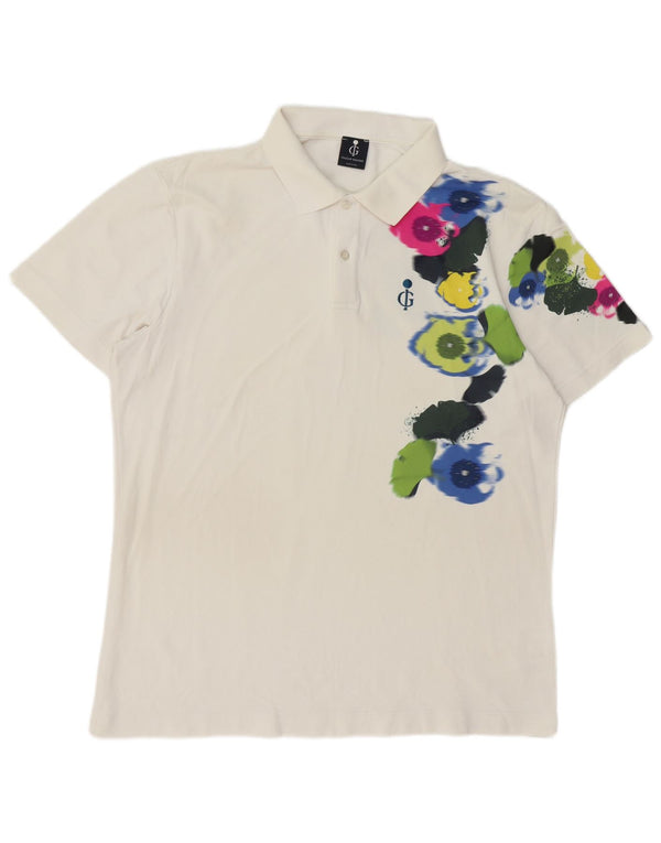 VINTAGE Grafisk poloshirt til mænd 2XL Off White Blomsterpolyamid