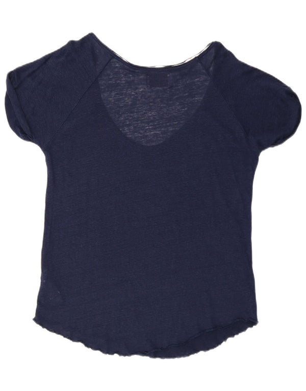 Zara Dame T-Shirt Top UK 16 Large Navy Blue Linen