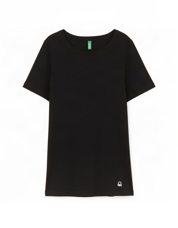 Benetton Dame T-Shirt Top UK 8 Lille Sort Bomuld