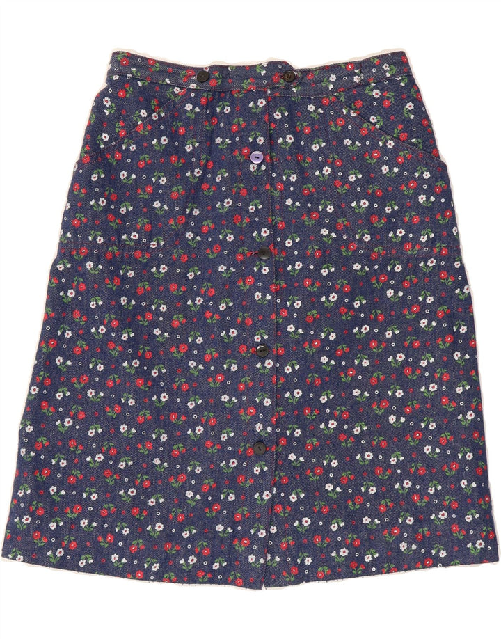 VINTAGE Womens Denim Skirt W28 Medium Navy Blue Floral Vintage Vintage and Second-Hand Vintage from Messina Hembry 