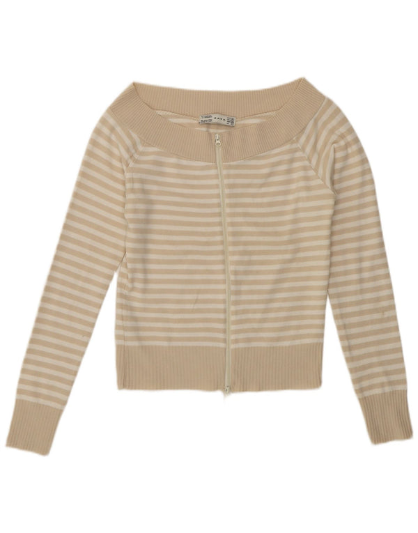 Zara Womens Crop Cardigan Sweater UK 14 Stor Beige Stribet Akryl