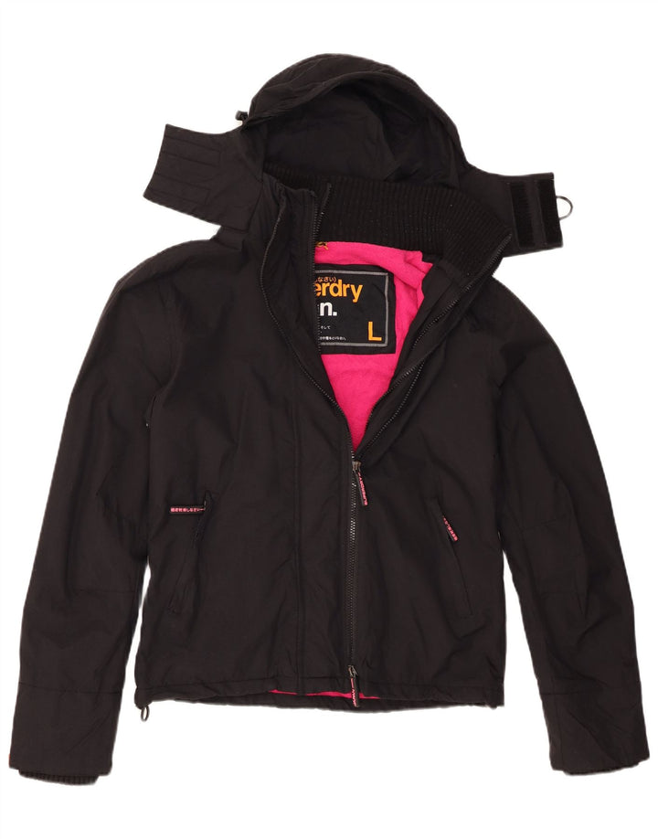 Superdry vindjakkejakke med hætte til kvinder UK 16 Stor sort nylon