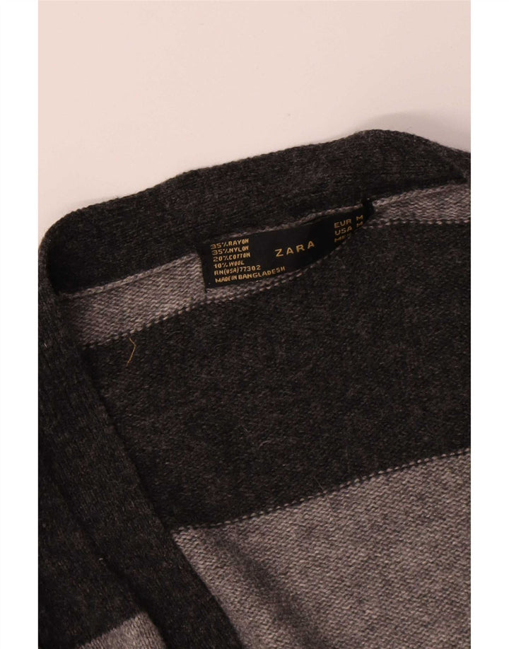 Zara Dame Cardigan Sweater UK 12 Medium Grå Stribet Rayon