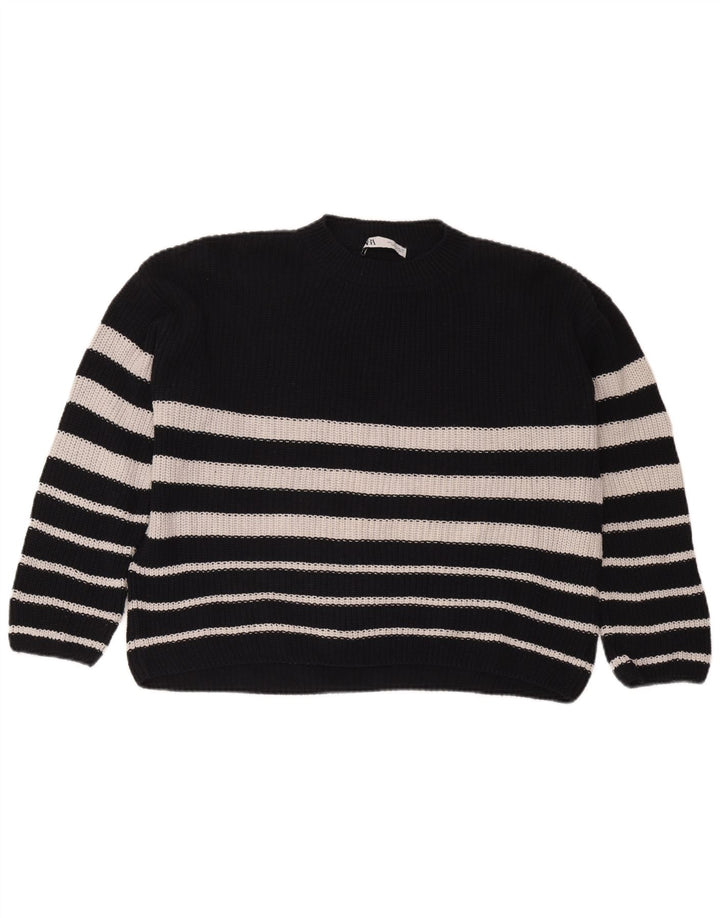 Zara Dame Oversized Crew Neck Jumper Sweater UK 10 Lille sort stribet