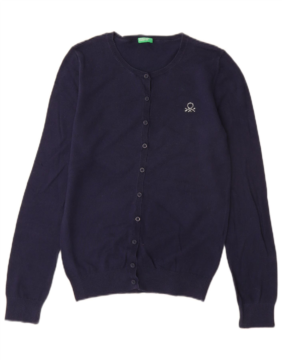 BENETTON Pige Cardigan Sweater 13-14 År 3XL Marineblå Bomuld
