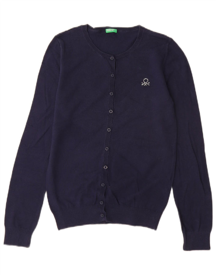 BENETTON Pige Cardigan Sweater 13-14 År 3XL Marineblå Bomuld