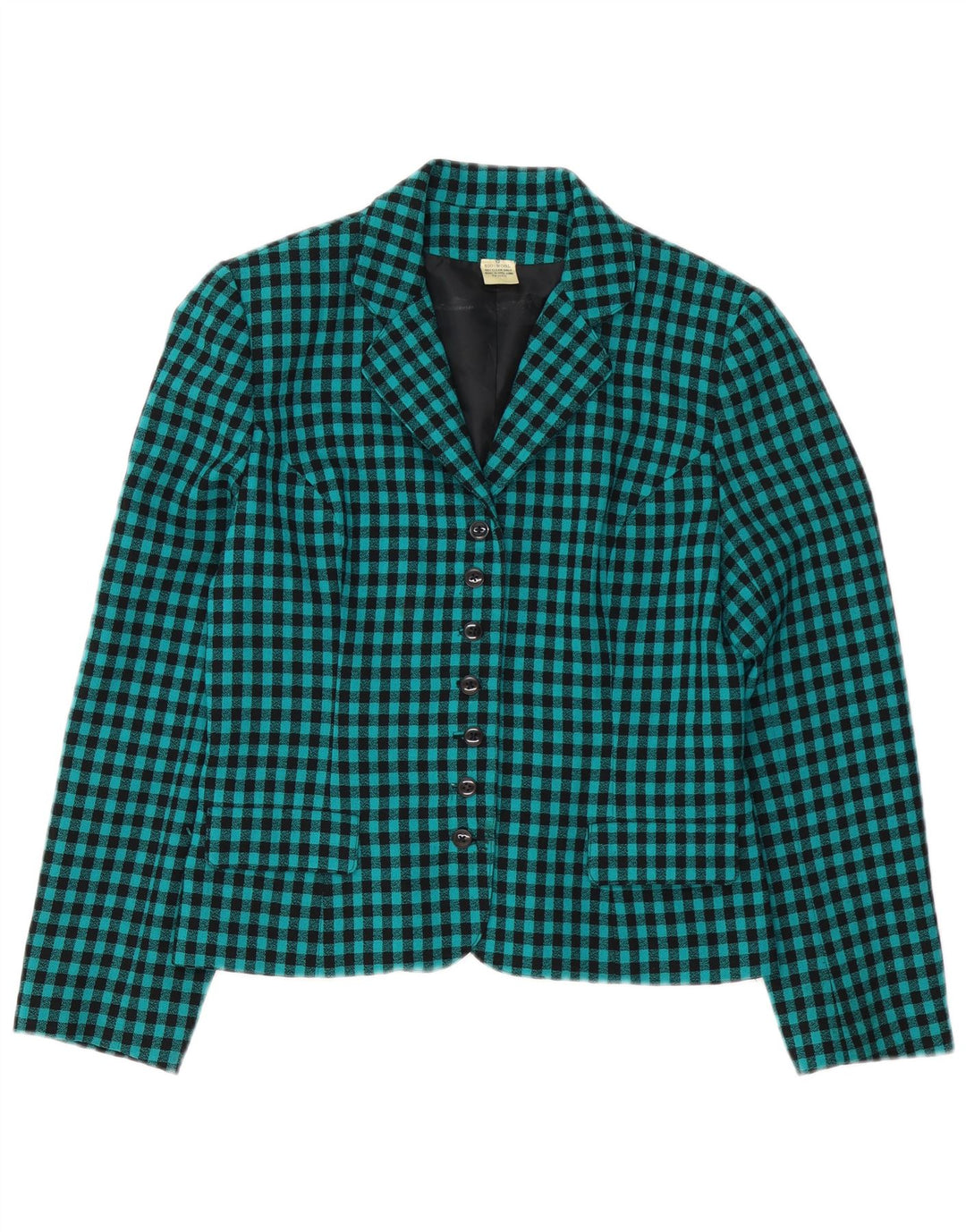 VINTAGE Dame 7 knapper Blazer Jacket UK 12 Medium Green Gingham Wool