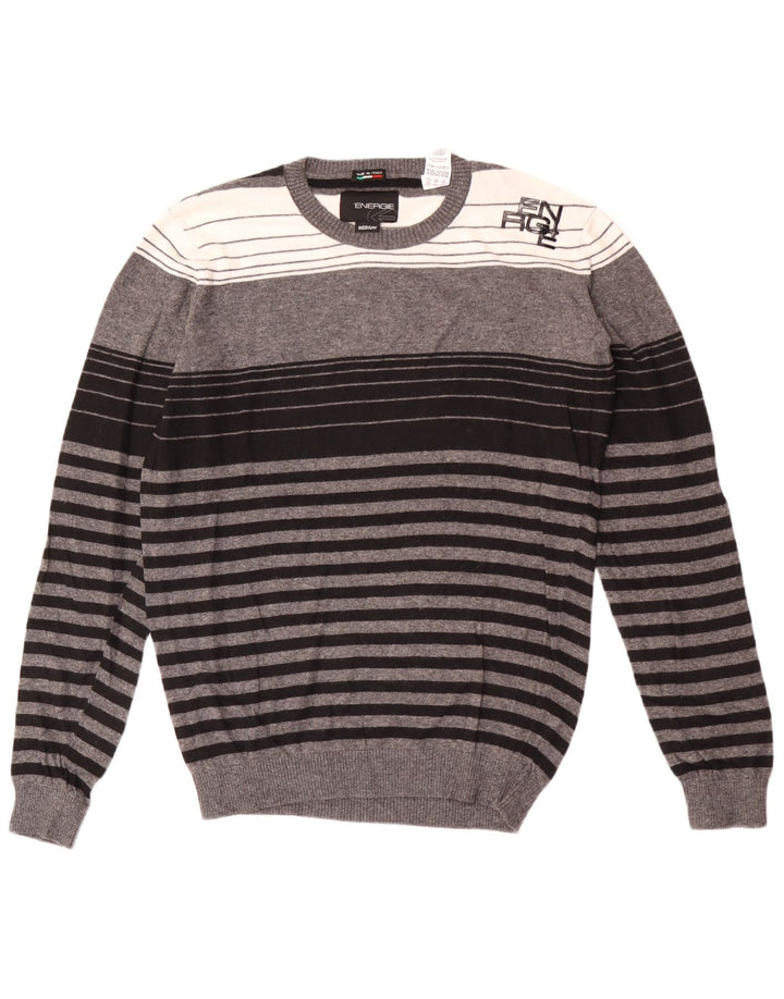 Tres mænds rund hals sweater mellem grå stribet viskose