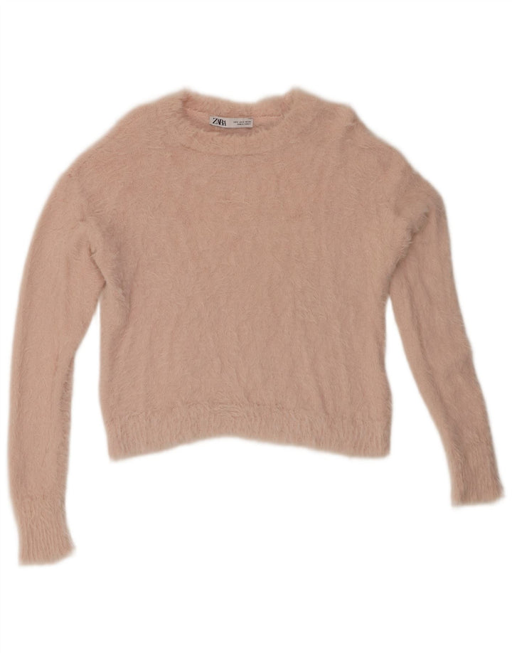 ZARA Womens Crop Crew Neck Jumper Sweater UK 10 Small Pink Polyamid