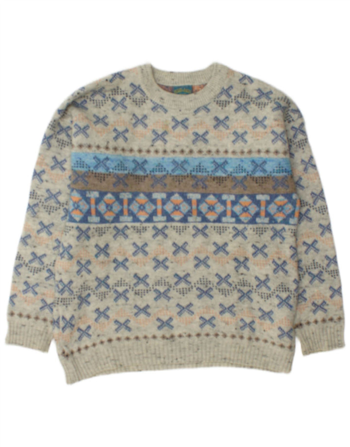 Vintage Herre Boat Neck Jumper Sweater Medium Grey Geometrisk Uld