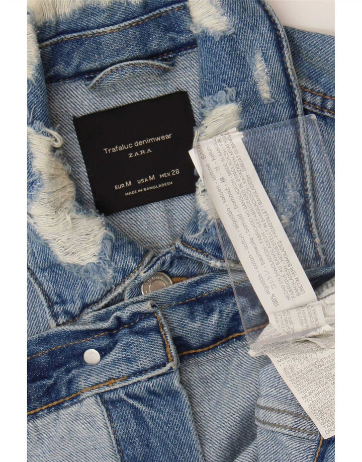 Zara Womens Crop Distressed Denim Jacket UK 12 Medium Blue Cotton
