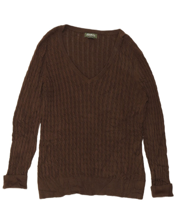 EDDIE BAUER Dame V-hals sweater UK 18 XL Brun Bomuld