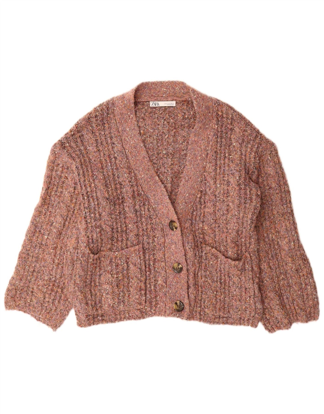 Zara Dame Cardigan Sweater UK 14 Medium Pink Flecked Polyester