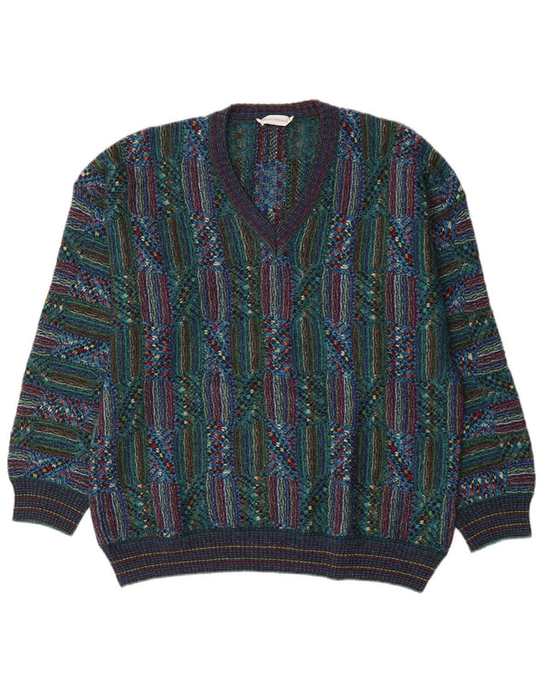 Vintage herre V-hals sweater stor flerfarvet geometrisk