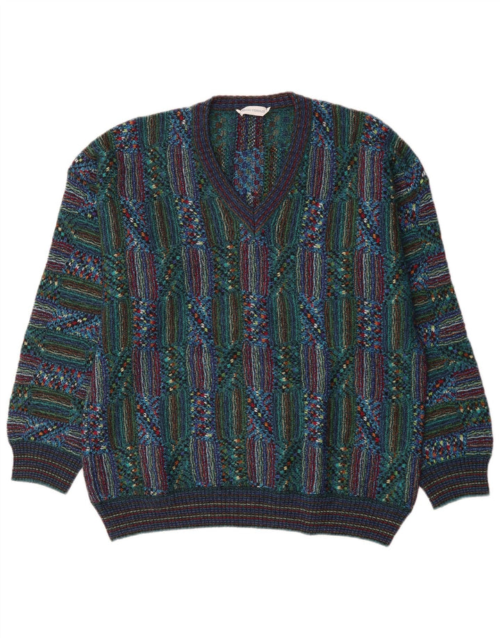 Vintage herre V-hals sweater stor flerfarvet geometrisk