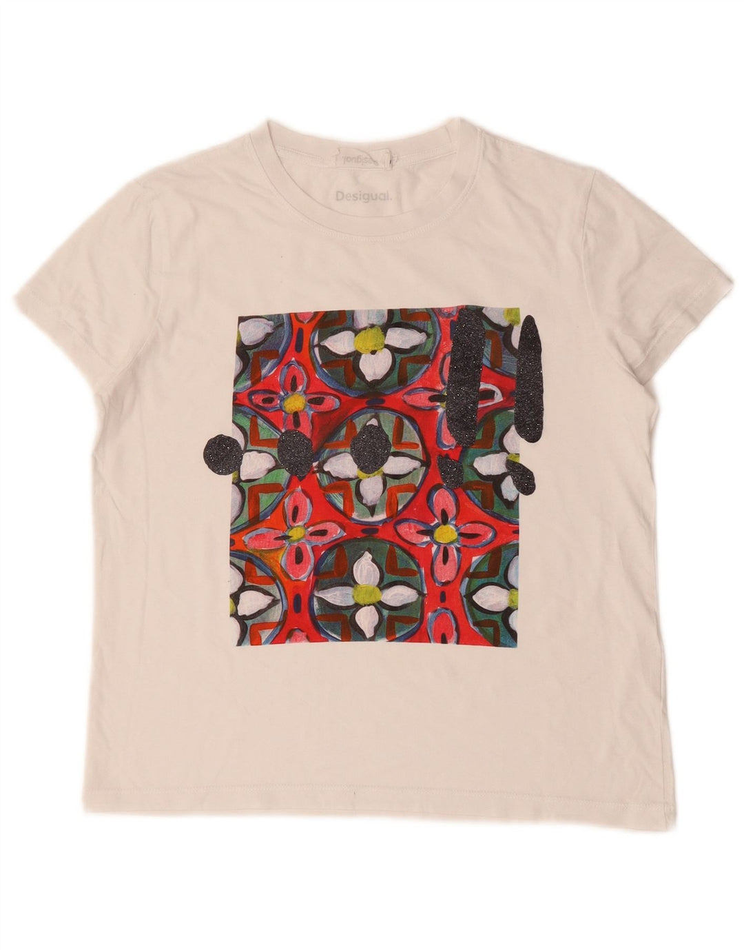 Desigual Dame Grafisk T-Shirt Top UK 12 Medium White
